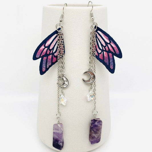 Clear Quartz & Purple Butterfly Wings,Moon,Star Earrings - Spiral Circle