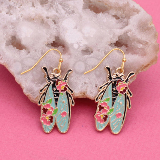 Colorful Floral Cicada Gold Earrings - Spiral Circle