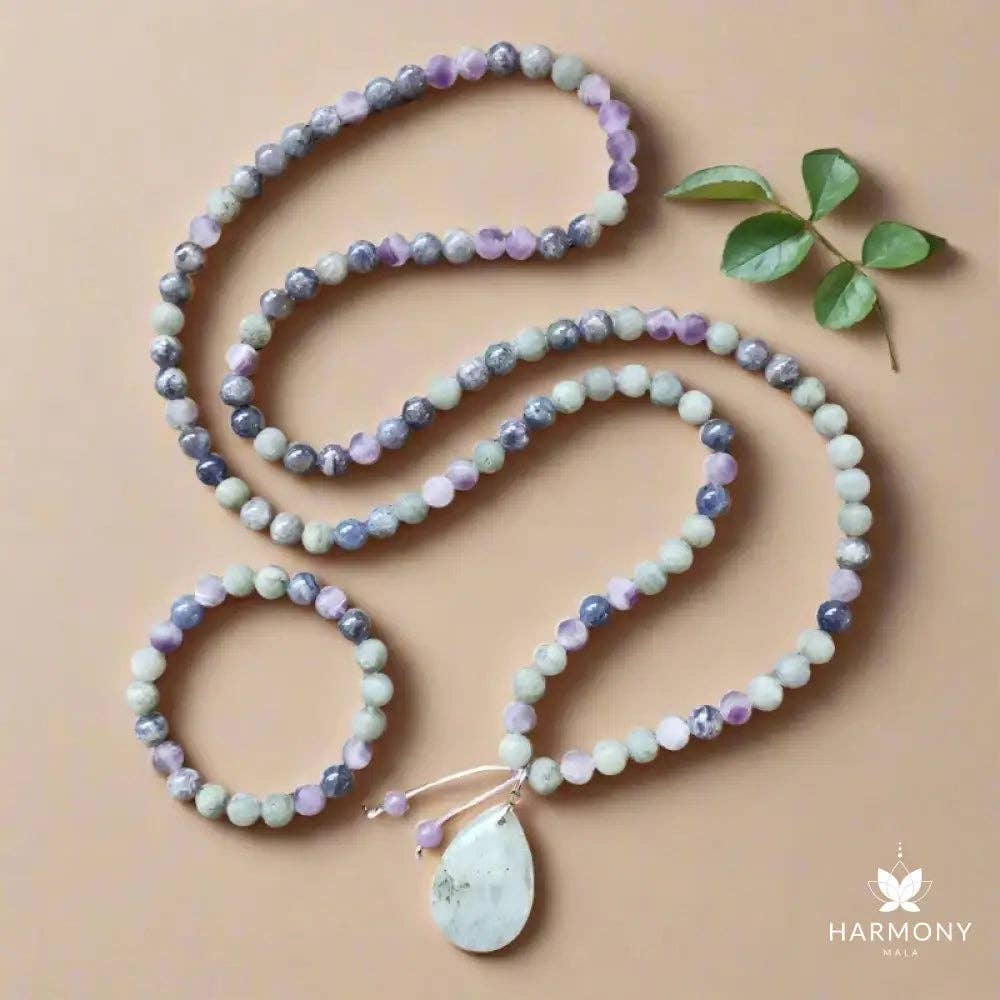 Cordierite, Labradorite, & Amethyst 108 Bead Mala - Spiral Circle
