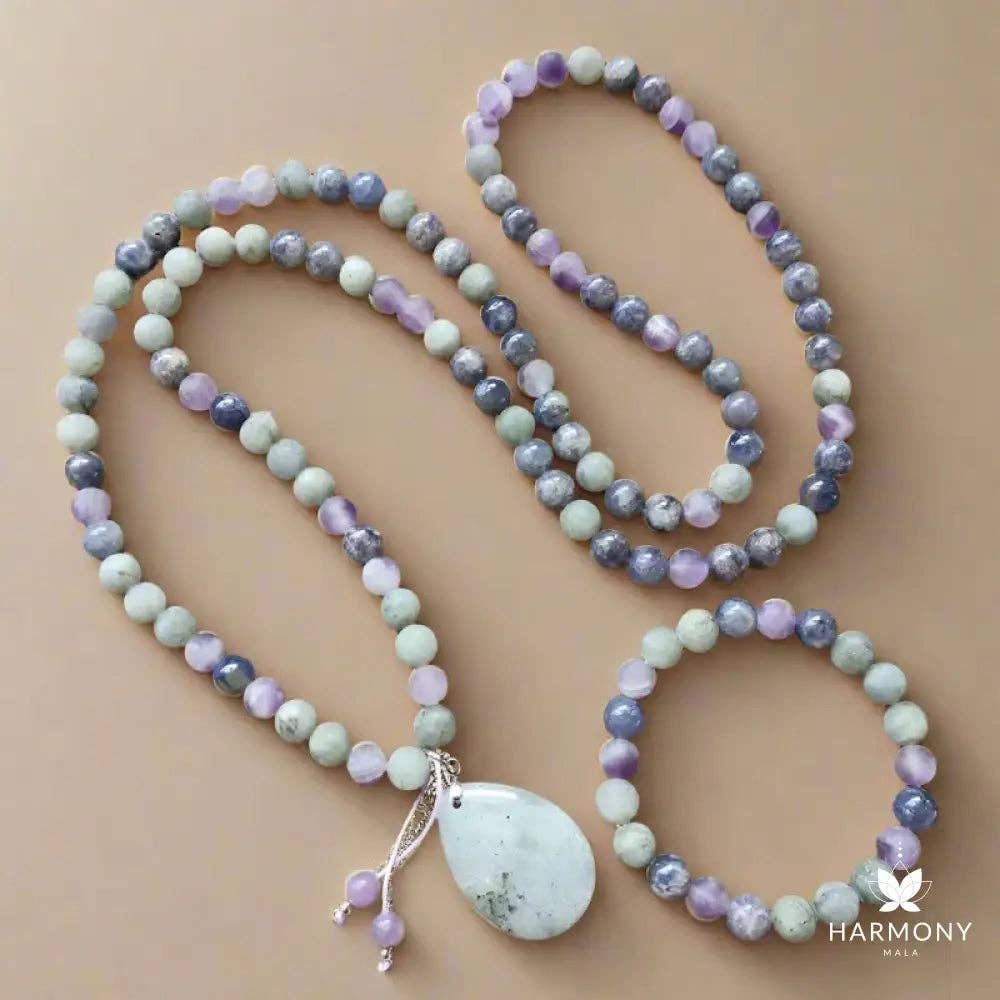 Cordierite, Labradorite, & Amethyst 108 Bead Mala - Spiral Circle