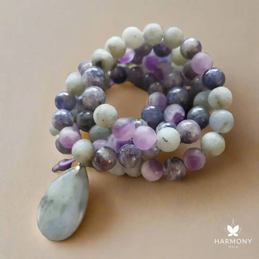 Cordierite, Labradorite, & Amethyst 108 Bead Mala - Spiral Circle