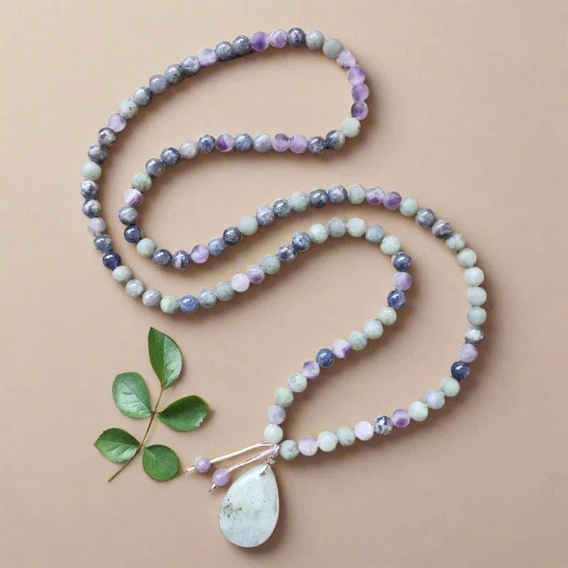 Cordierite, Labradorite, & Amethyst 108 Bead Mala - Spiral Circle