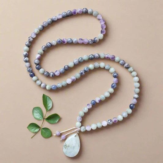 Cordierite, Labradorite, & Amethyst 108 Bead Mala - Spiral Circle