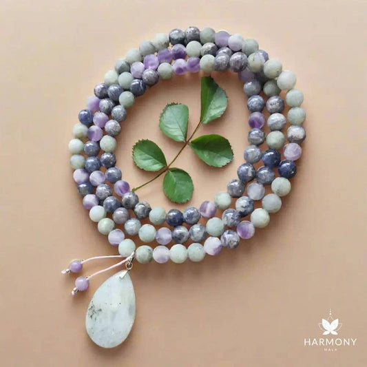 Cordierite, Labradorite, & Amethyst 108 Bead Mala - Spiral Circle