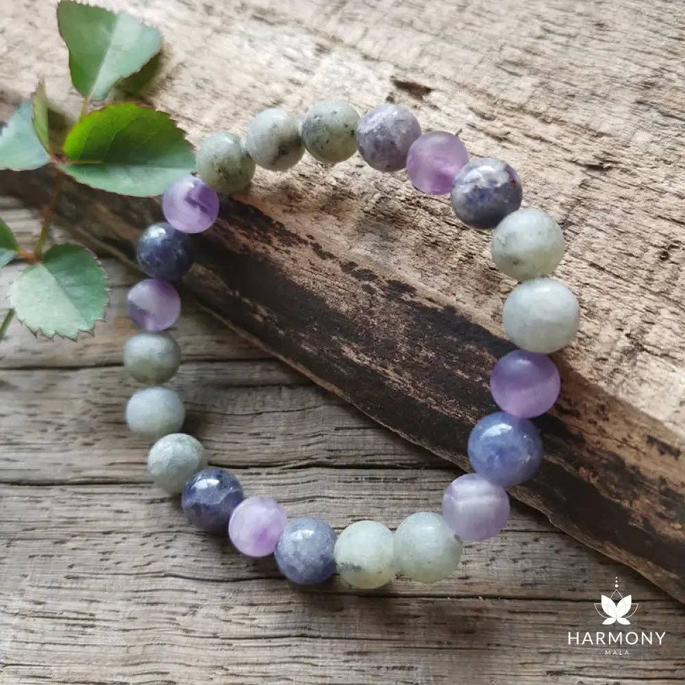 Cordierite, Labradorite, & Amethyst 108 Bead Mala - Spiral Circle