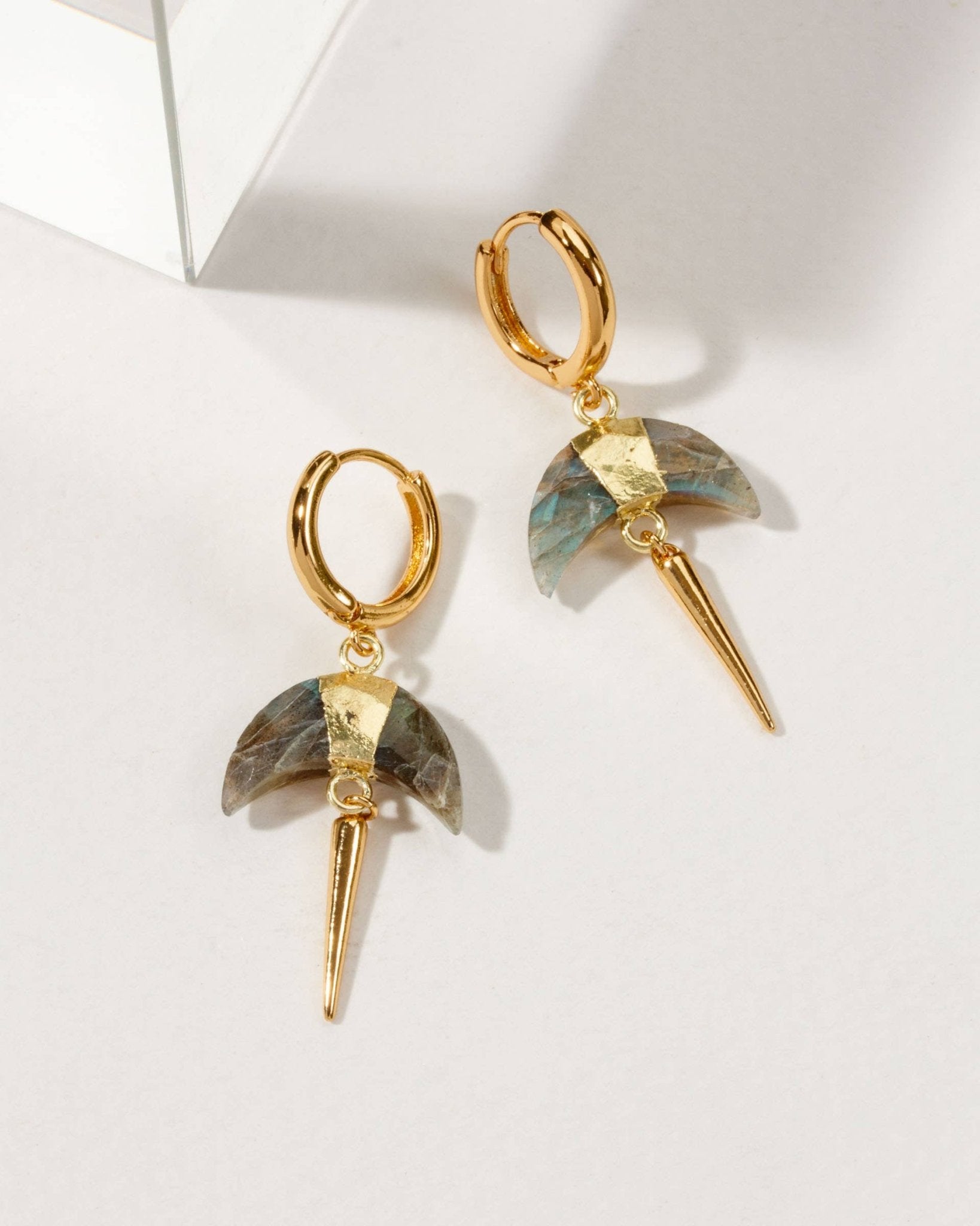 Crescent Horn Spike Huggie Hoop Earrings- Labradorite - Spiral Circle