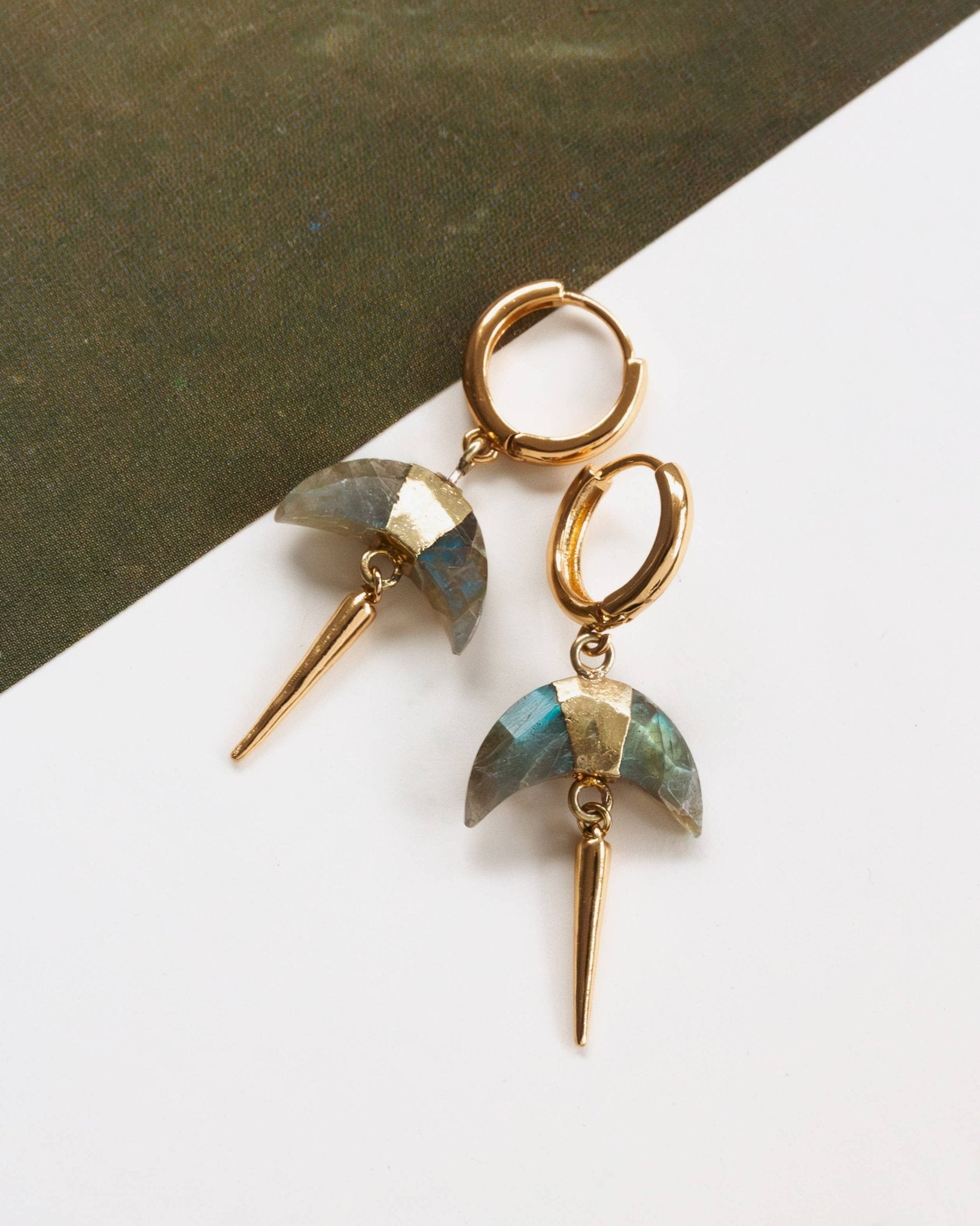 Crescent Horn Spike Huggie Hoop Earrings- Labradorite - Spiral Circle