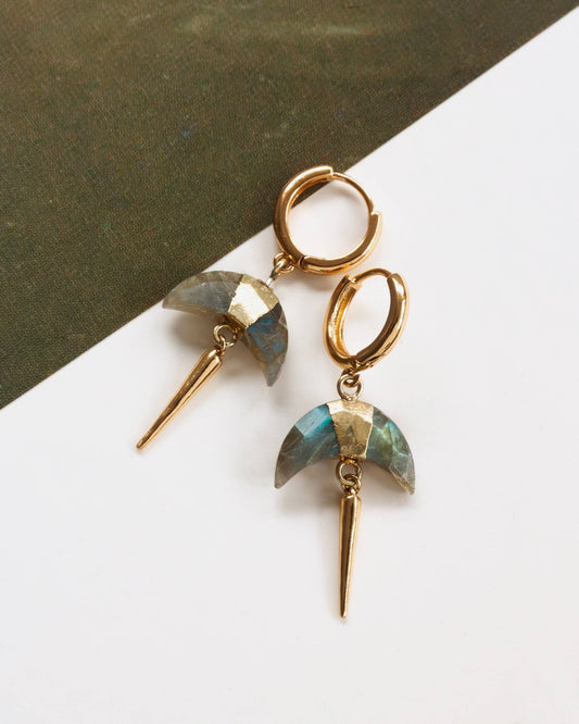 Crescent Horn Spike Huggie Hoop Earrings- Labradorite - Spiral Circle