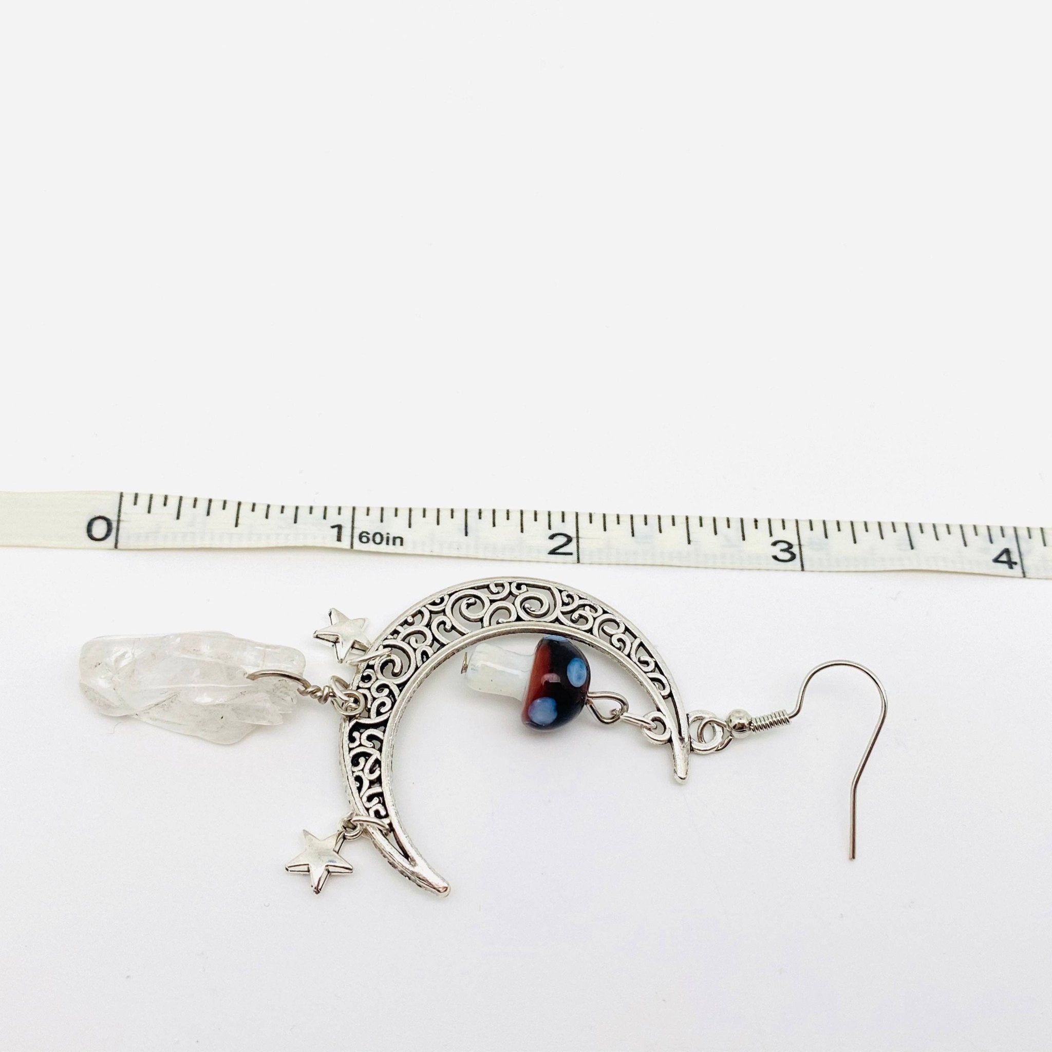 Crescent Moon & Mushroom | Clear Quartz Earrings - Spiral Circle