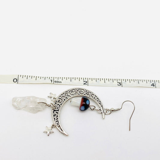Crescent Moon & Mushroom | Clear Quartz Earrings - Spiral Circle