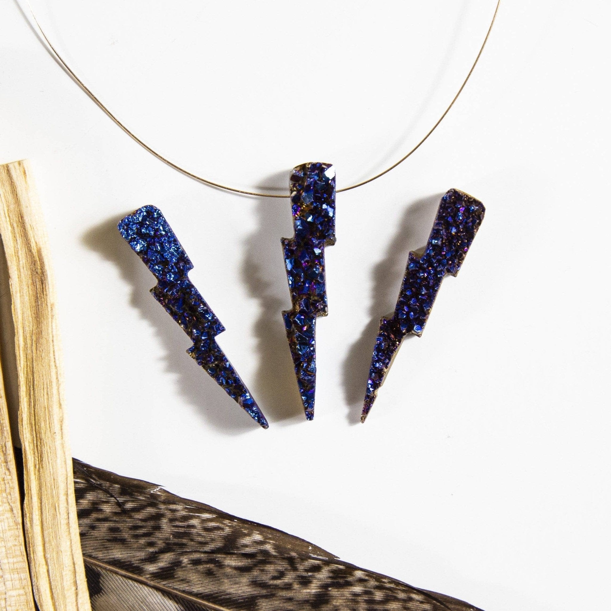Crystal Druzy Lightning Bolt Pendant - Spiral Circle