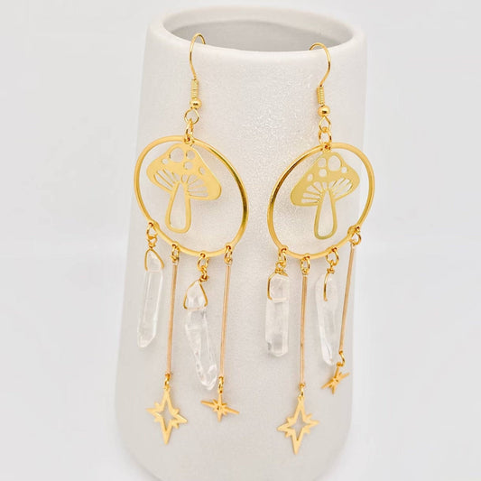 Crystal Golden Mushroom Earrings - Spiral Circle