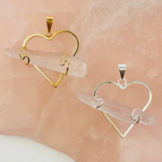 Crystal Heart Pendant with Wire Wrapped Crystal Quartz Point - Spiral Circle