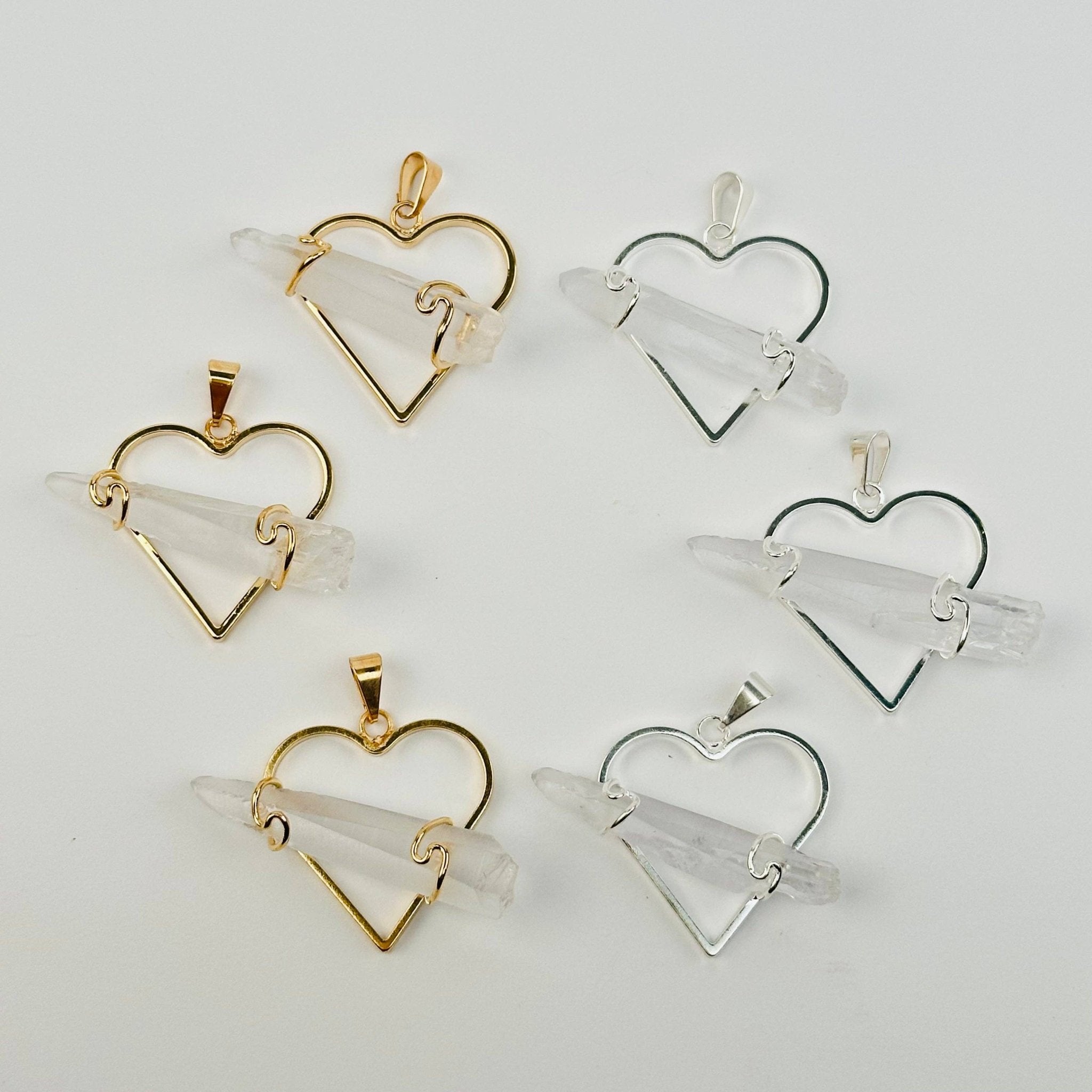 Crystal Heart Pendant with Wire Wrapped Crystal Quartz Point - Spiral Circle