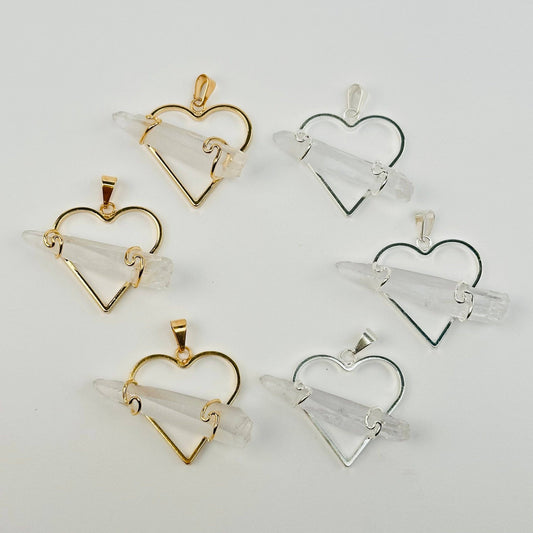 Crystal Heart Pendant with Wire Wrapped Crystal Quartz Point - Spiral Circle