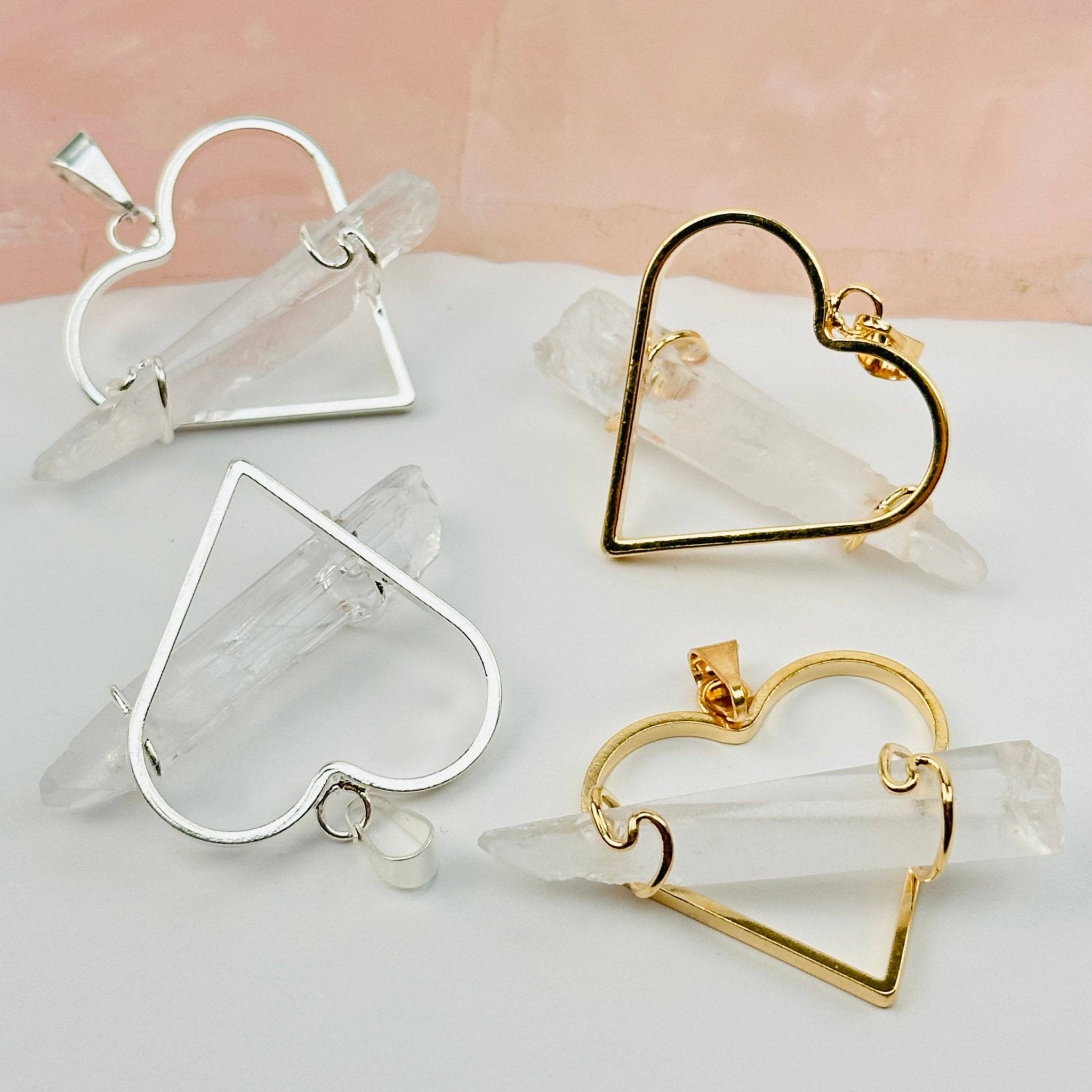 Crystal Heart Pendant with Wire Wrapped Crystal Quartz Point - Spiral Circle