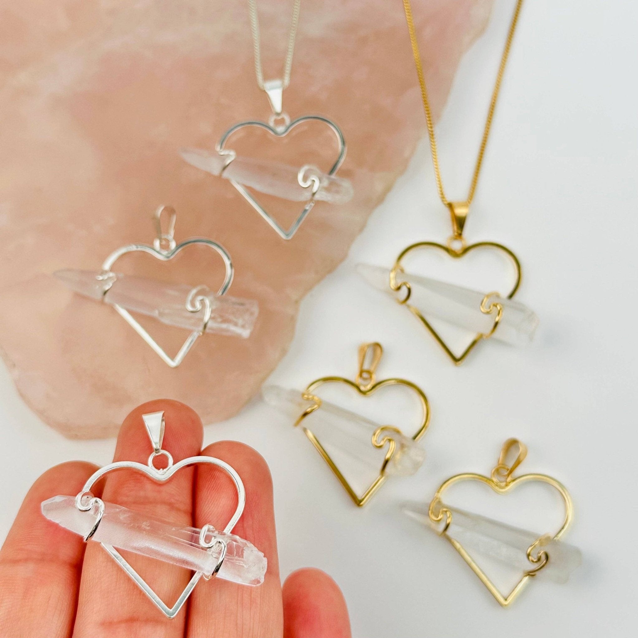 Crystal Heart Pendant with Wire Wrapped Crystal Quartz Point - Spiral Circle