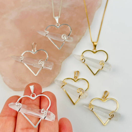 Crystal Heart Pendant with Wire Wrapped Crystal Quartz Point - Spiral Circle
