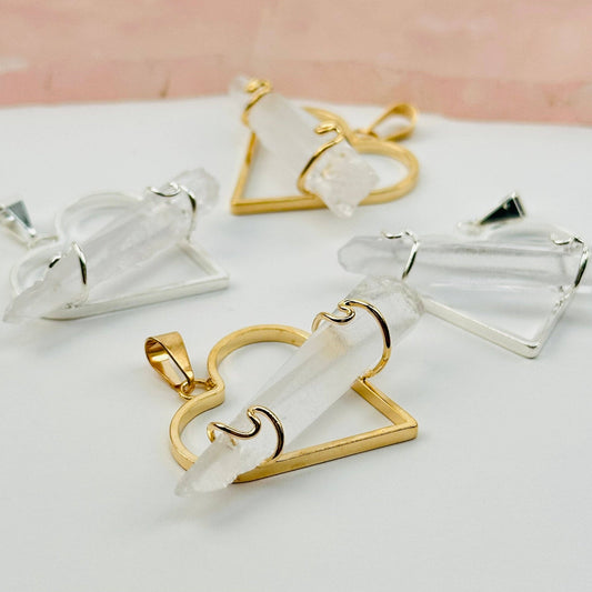 Crystal Heart Pendant with Wire Wrapped Crystal Quartz Point - Spiral Circle