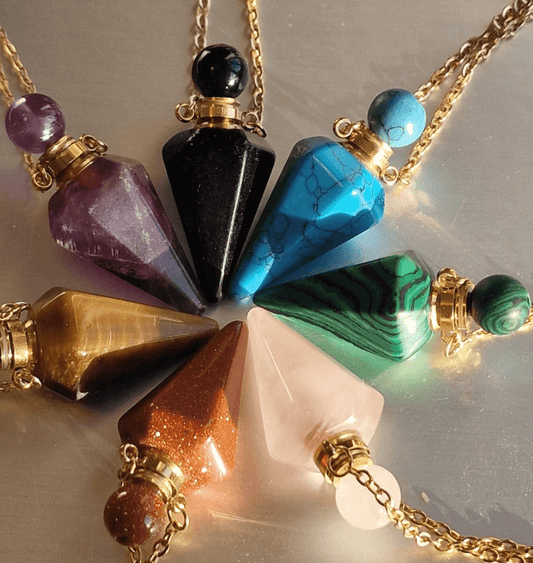 Crystal Quartz Pendulum Urn Perfume Bottle Necklace - Spiral Circle