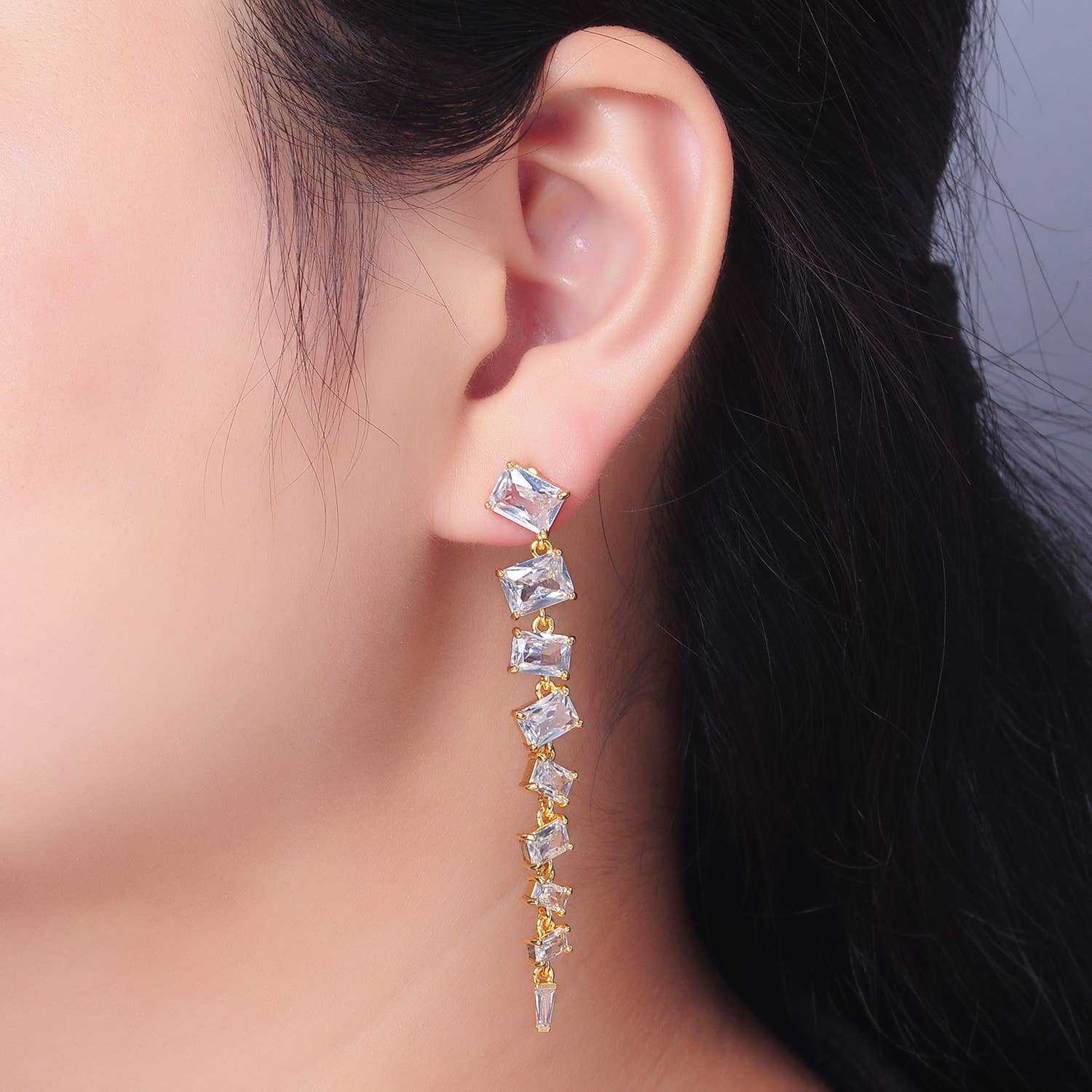 Cubic Zirconia Baguette Stud Dangle Earring | 24K Gold Plated - Spiral Circle