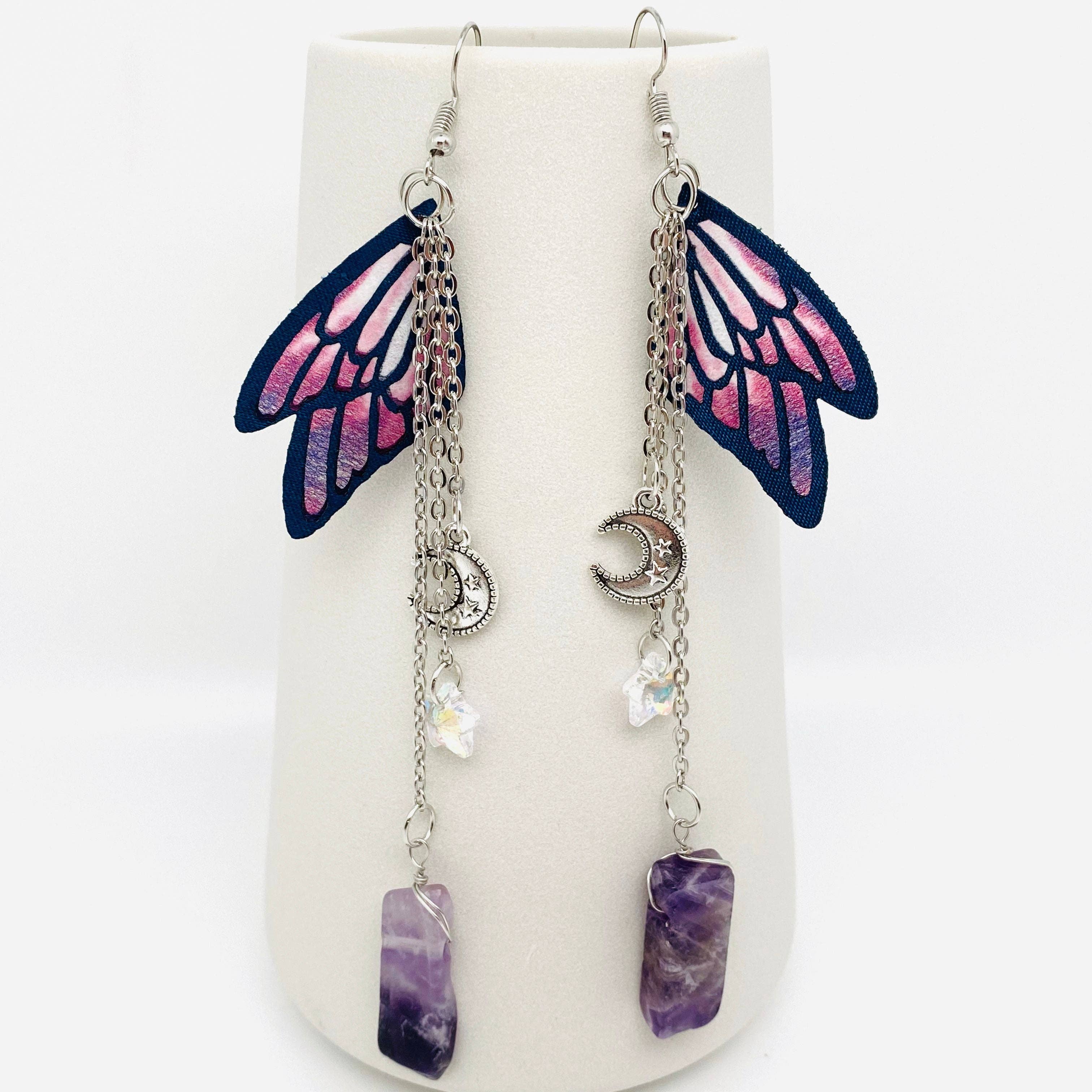 Clear Quartz & Purple Butterfly Wings,Moon,Star Earrings