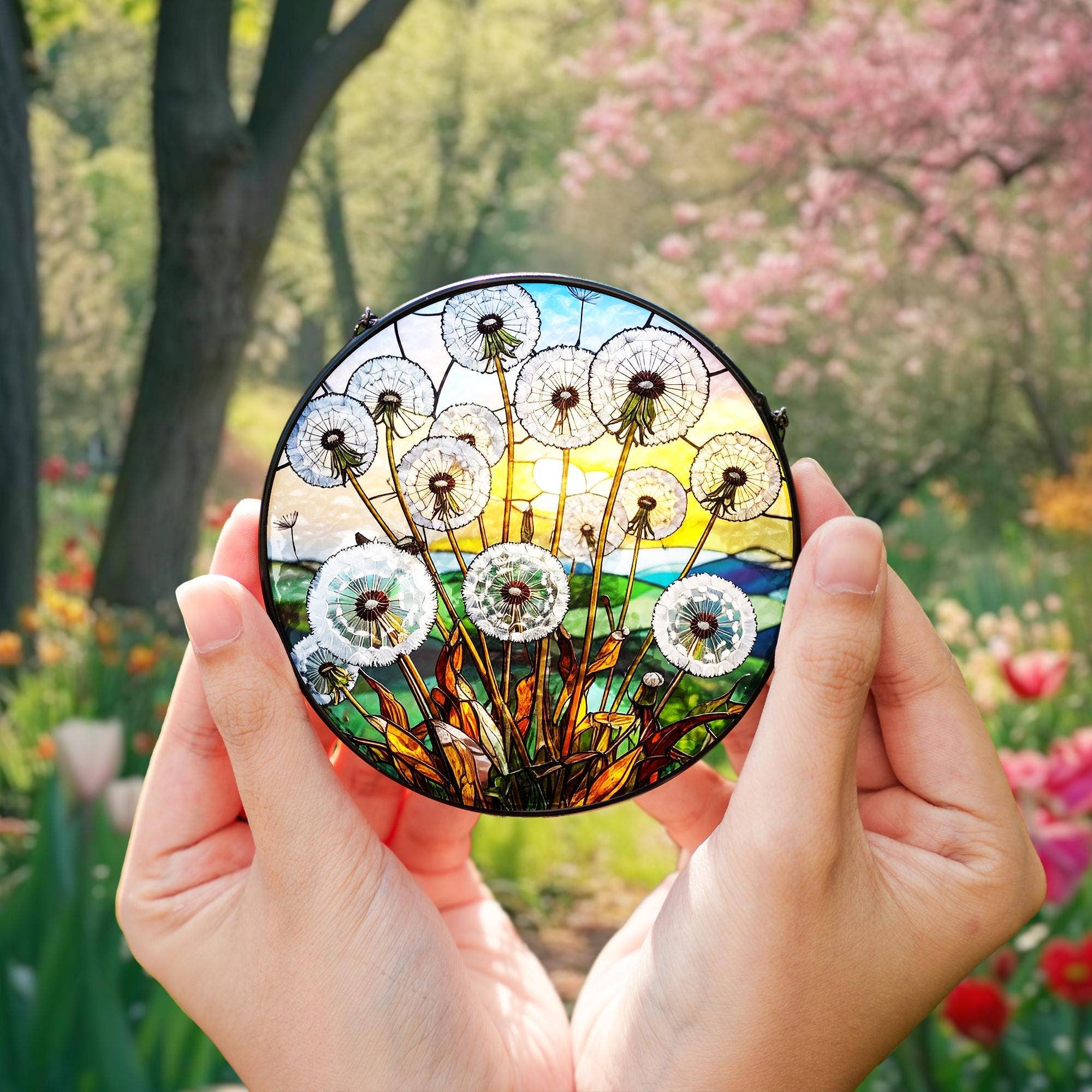 Dandelion Stained Glass Suncatcher, Housewarming Gift - Spiral Circle