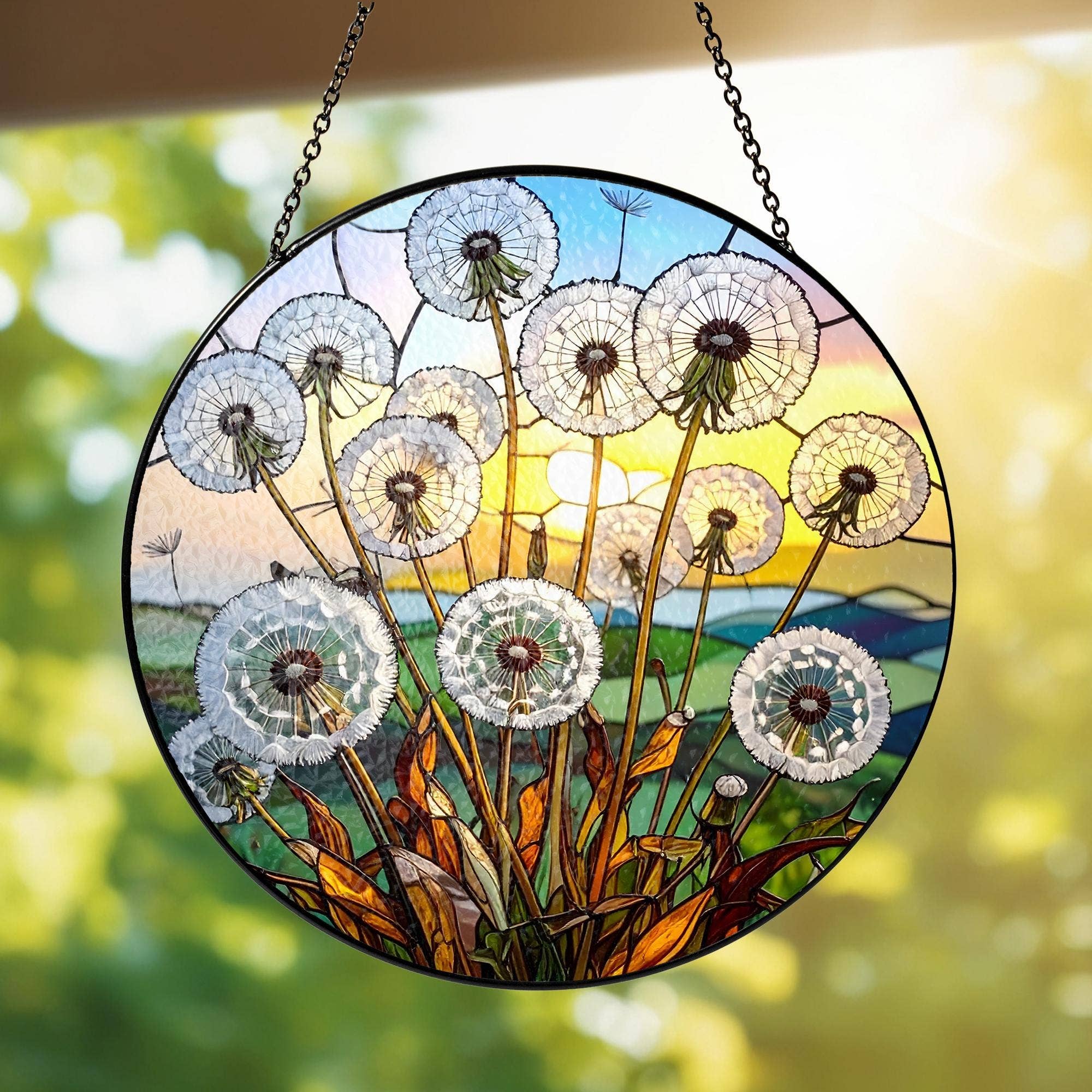 Dandelion Stained Glass Suncatcher, Housewarming Gift - Spiral Circle