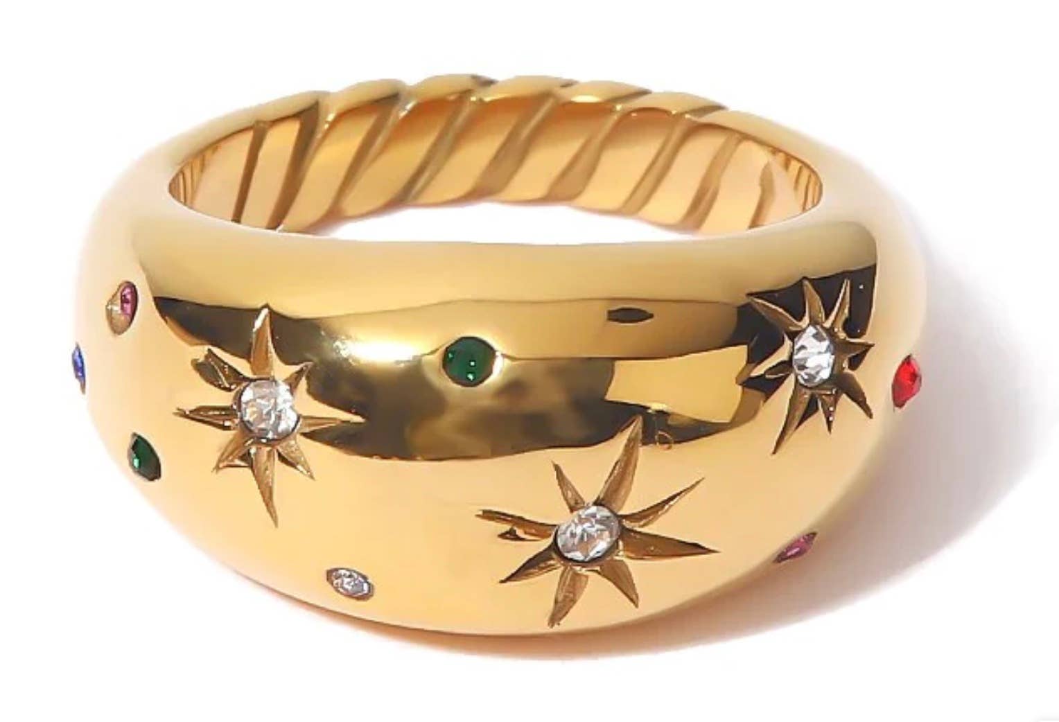 Dome Ring - Galaxy Confetti Ring - Steel 14K Gold Crystals - Spiral Circle