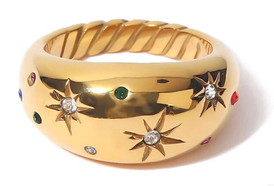 Dome Ring - Galaxy Confetti Ring - Steel 14K Gold Crystals - Spiral Circle
