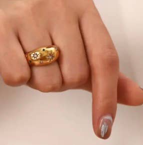 Dome Ring - Galaxy Confetti Ring - Steel 14K Gold Crystals - Spiral Circle