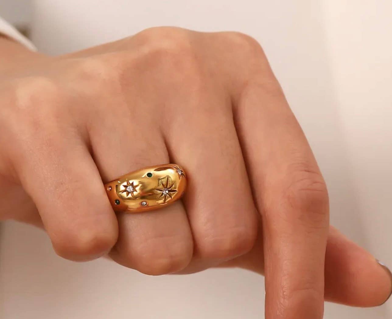 Dome Ring - Galaxy Confetti Ring - Steel 14K Gold Crystals - Spiral Circle