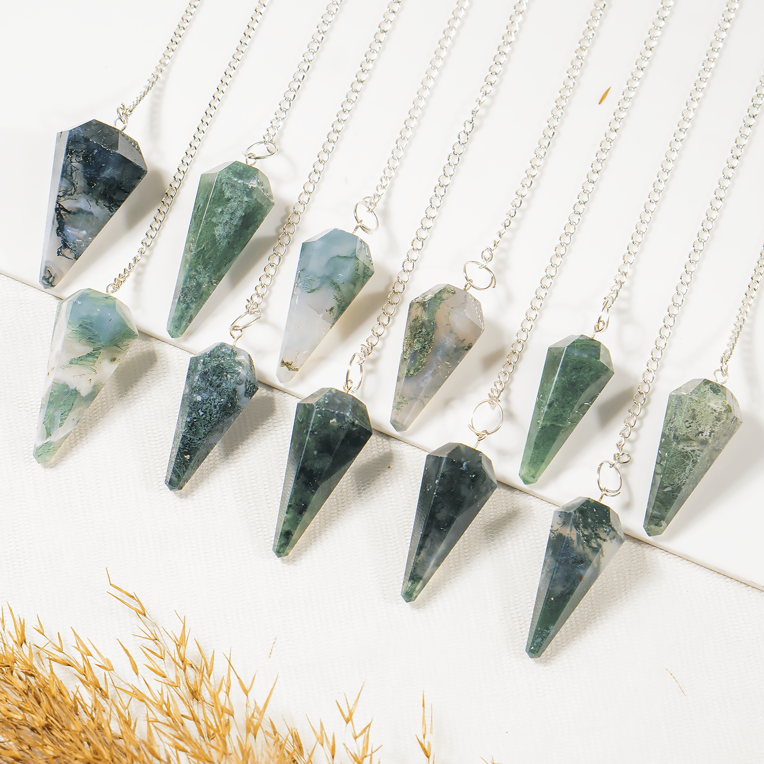 Dowsing Pendulum | Moss Agate | Faceted Crystal Pendulum - Spiral Circle
