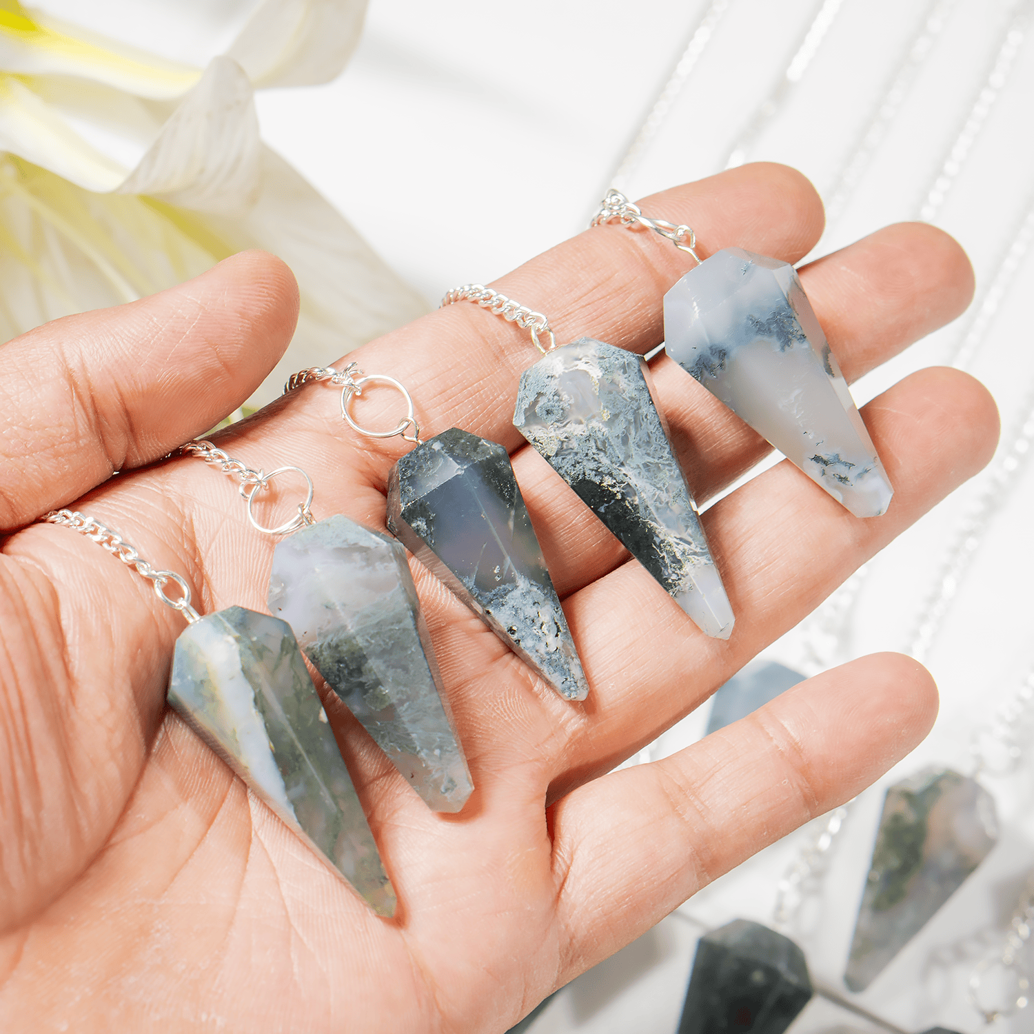 Dowsing Pendulum | Moss Agate | Faceted Crystal Pendulum - Spiral Circle