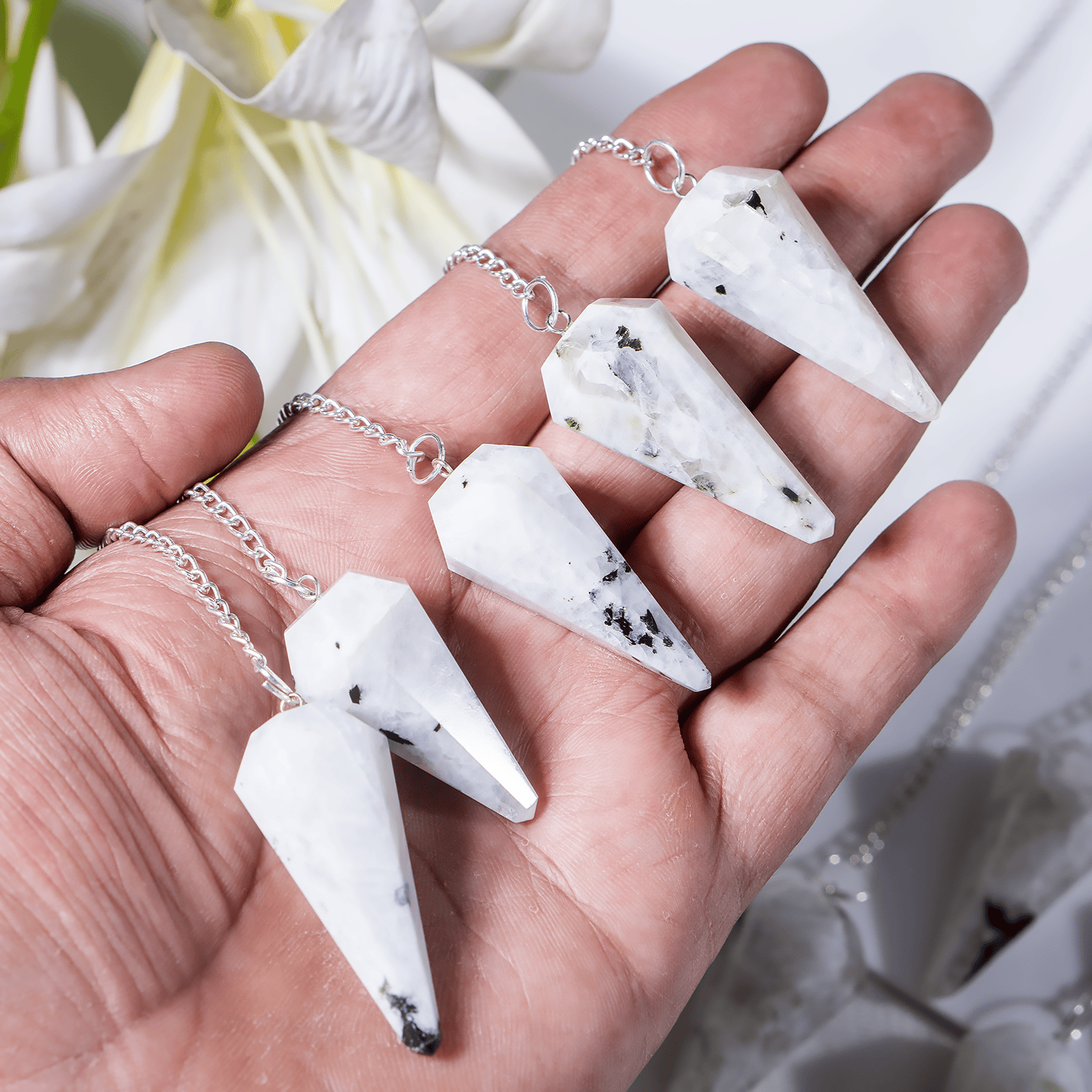 Dowsing Pendulum | Rainbow Moonstone | Reiki Crystal - Spiral Circle