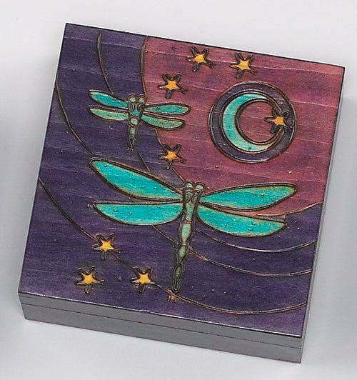Dragonfly Moon Wooden Box Square - Spiral Circle