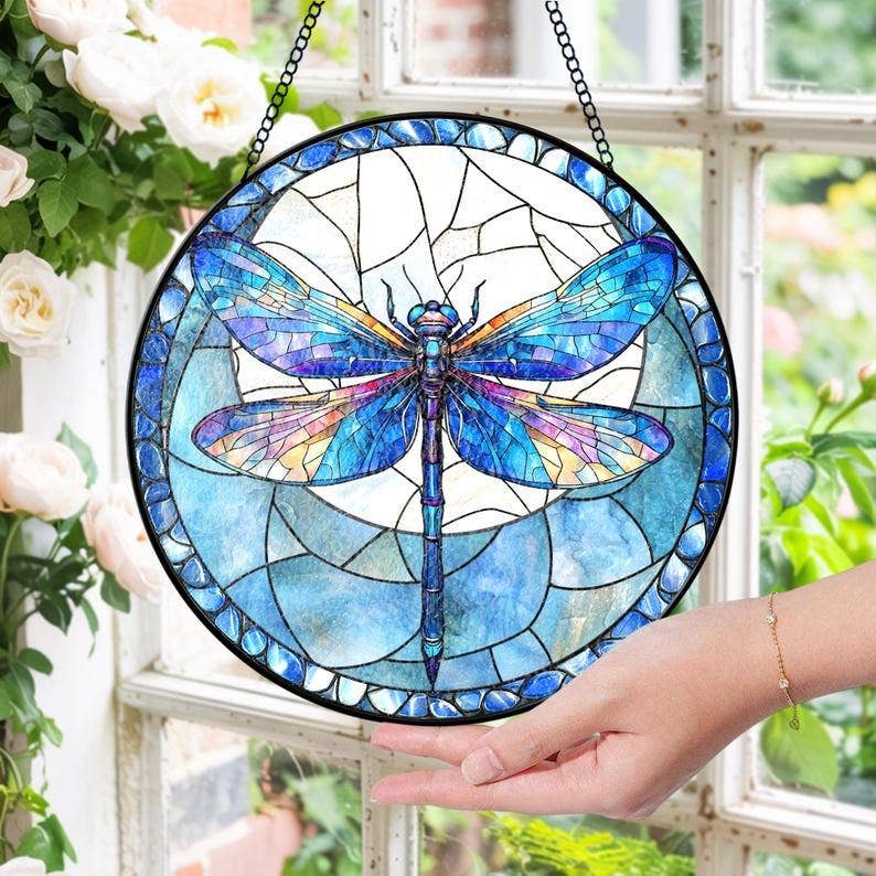 Dragonfly Stained Glass Suncatcher, Garden Window Hanging - Spiral Circle