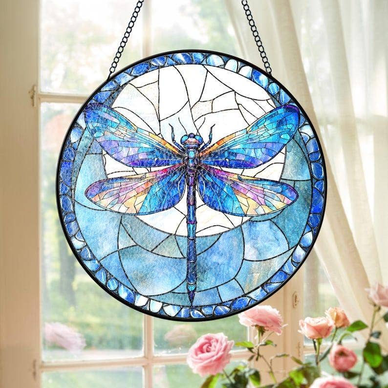 Dragonfly Stained Glass Suncatcher, Garden Window Hanging - Spiral Circle
