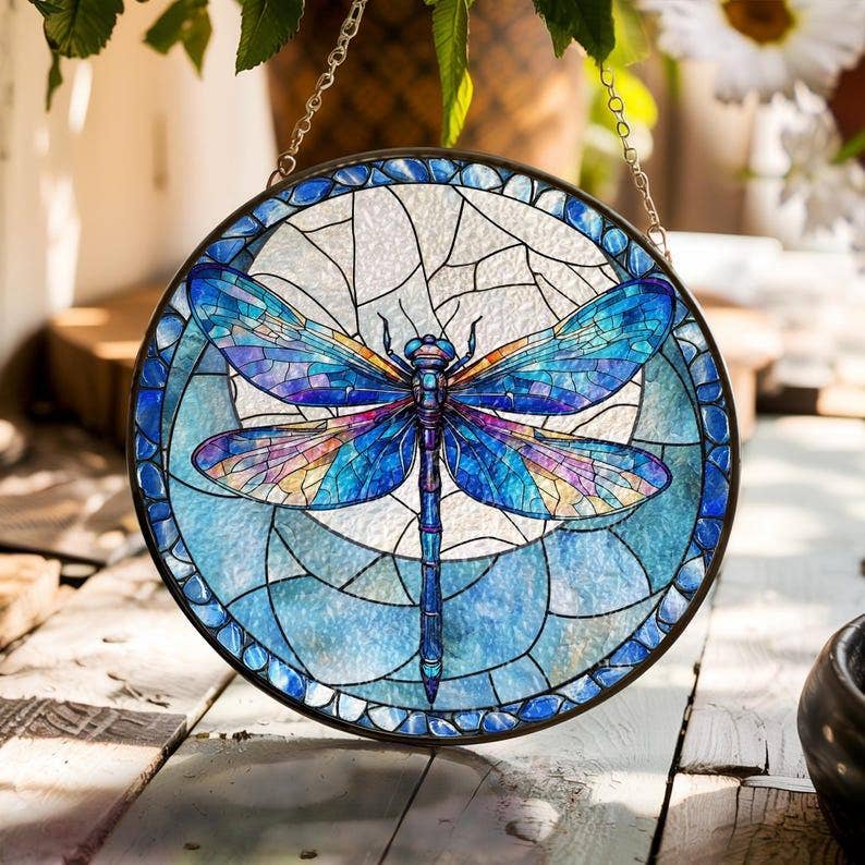 Dragonfly Stained Glass Suncatcher, Garden Window Hanging - Spiral Circle