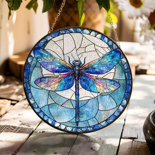 Dragonfly Stained Glass Suncatcher, Garden Window Hanging - Spiral Circle