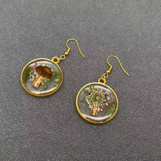 Dried Flowers & Mushroom | Round Dangle Earrings - Spiral Circle