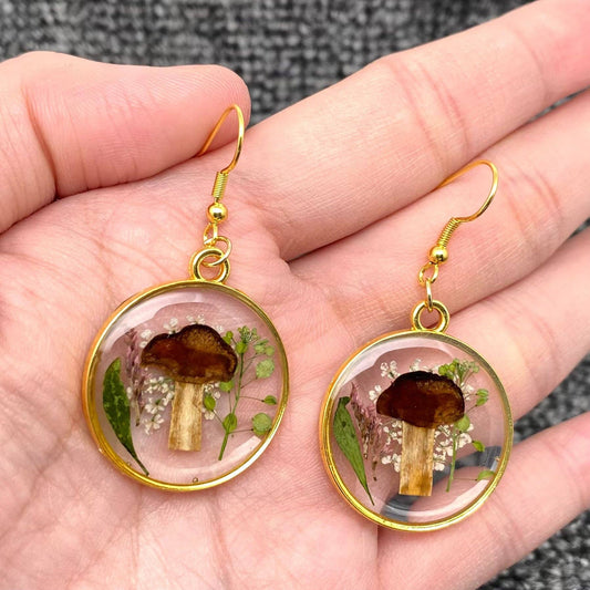 Dried Flowers & Mushroom | Round Dangle Earrings - Spiral Circle