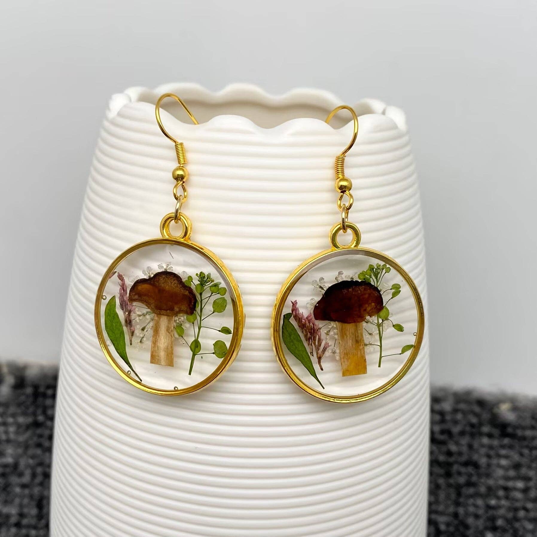 Dried Flowers & Mushroom | Round Dangle Earrings - Spiral Circle