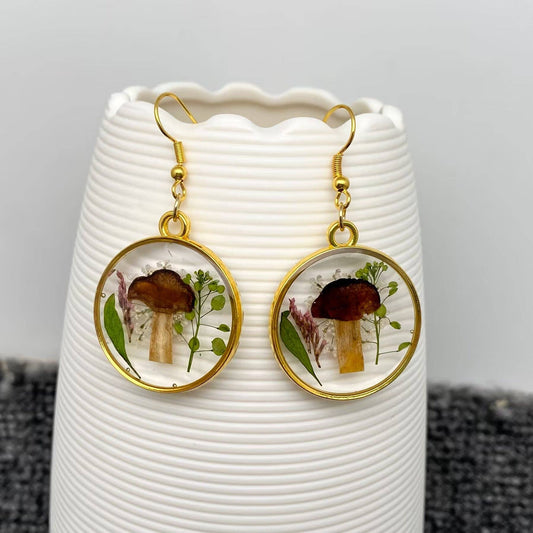 Dried Flowers & Mushroom | Round Dangle Earrings - Spiral Circle