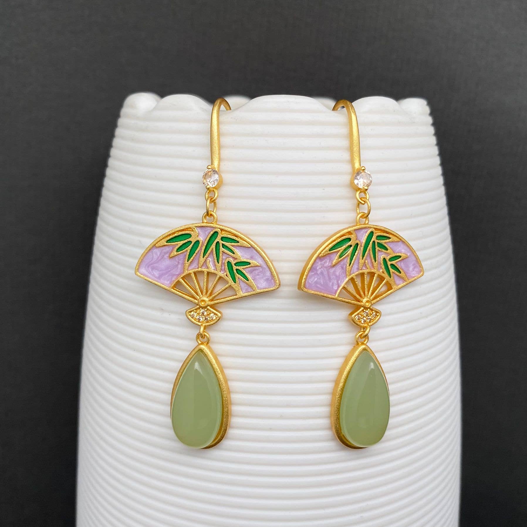 Stone Inlaid Bamboo Fan Dangle Earrings