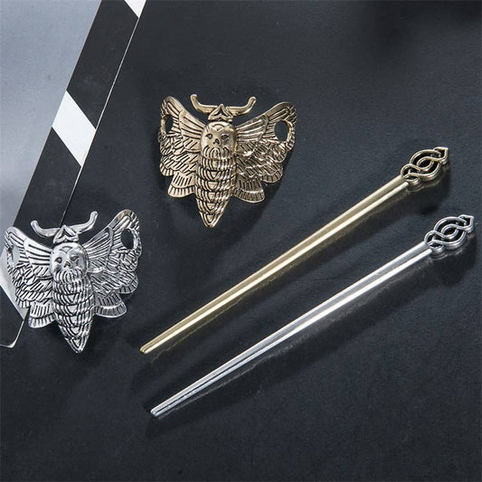 Edgy Gothic Engraved Moth Hair Sticks - Spiral Circle