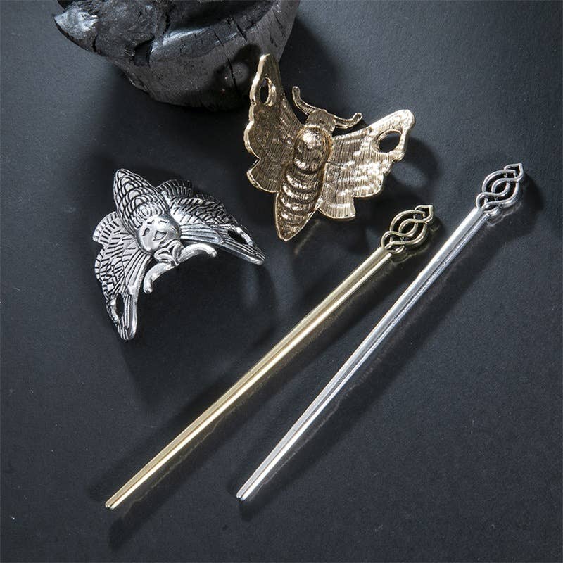 Edgy Gothic Engraved Moth Hair Sticks - Spiral Circle