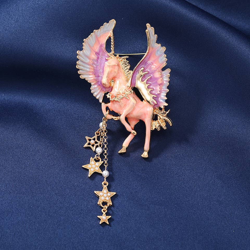 Elf Tassel Pegasus Brooch, Fantasy Unicorn Pin - Spiral Circle