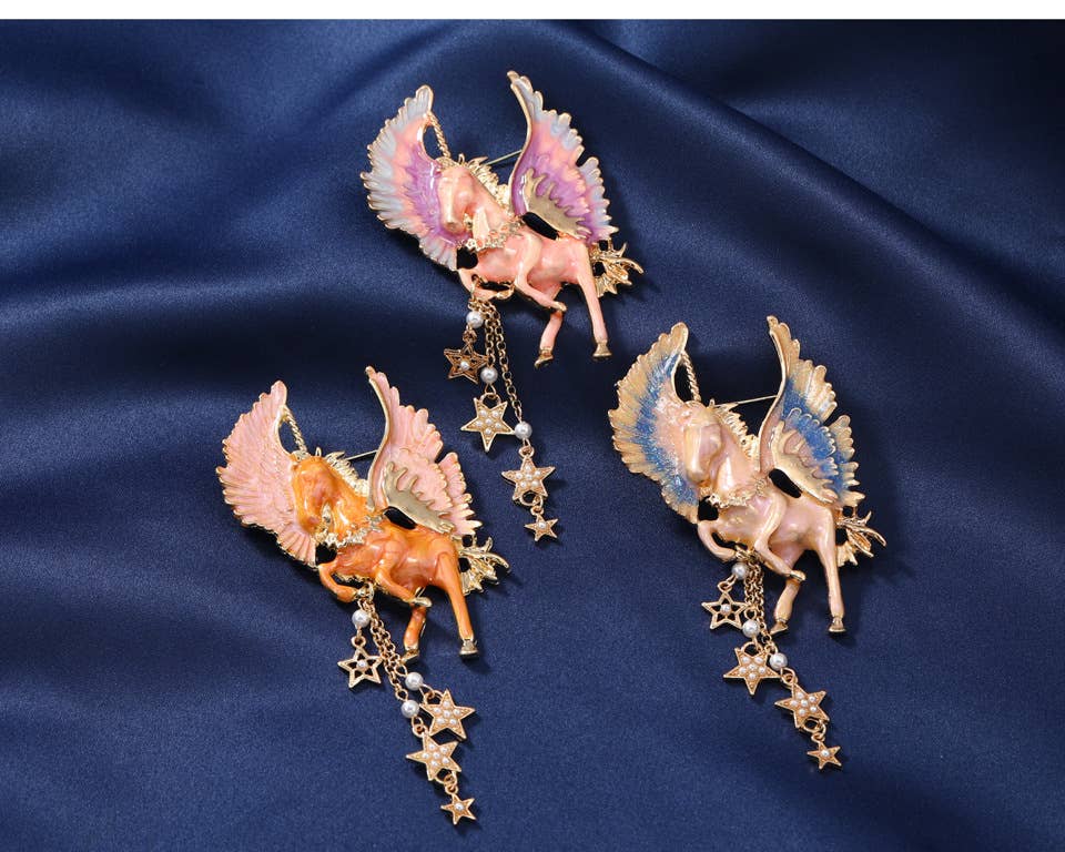 Elf Tassel Pegasus Brooch, Fantasy Unicorn Pin - Spiral Circle
