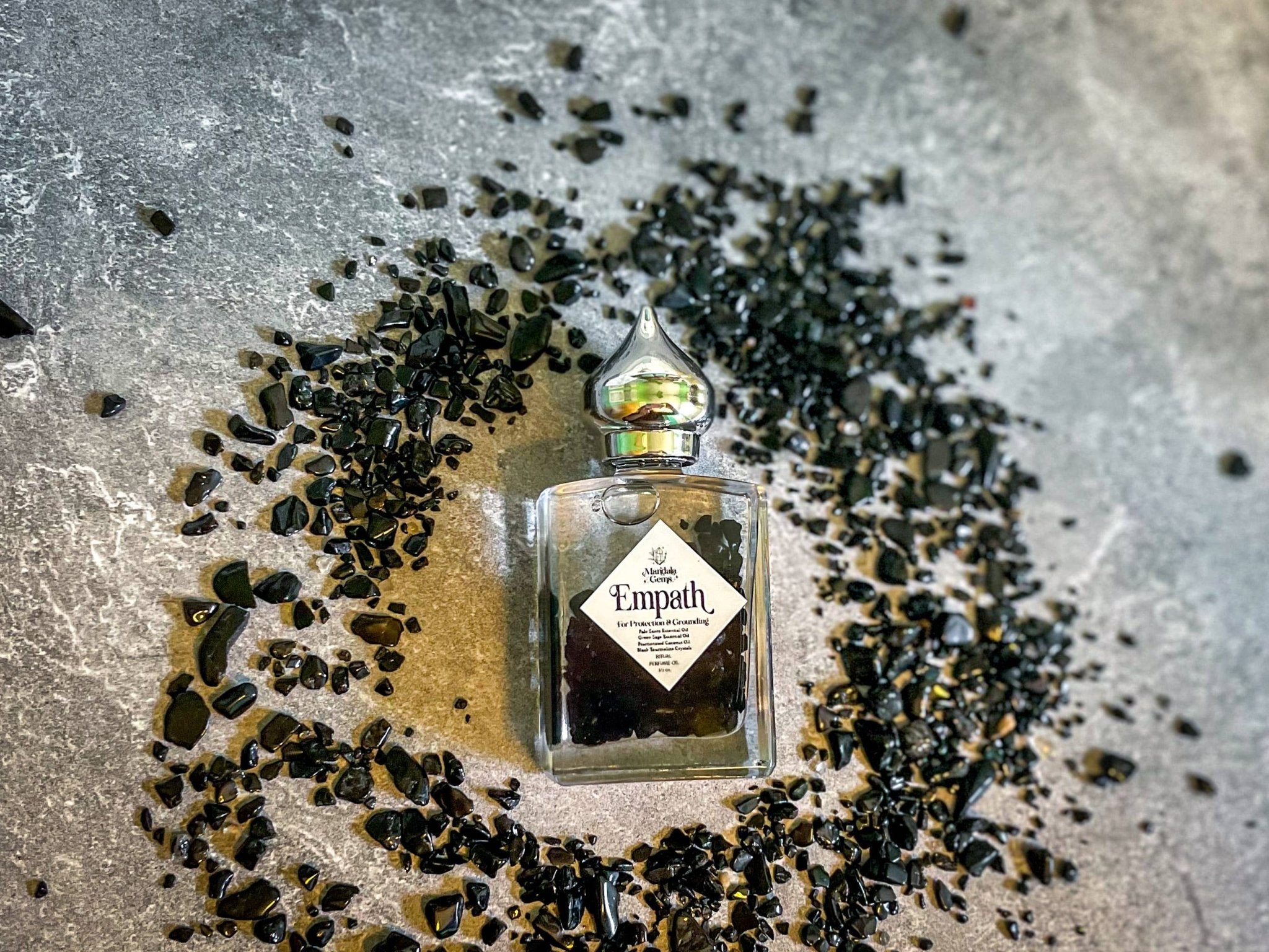 EMPATH PROTECTION Crystal Infused Perfume Oil with Black Tou - Spiral Circle